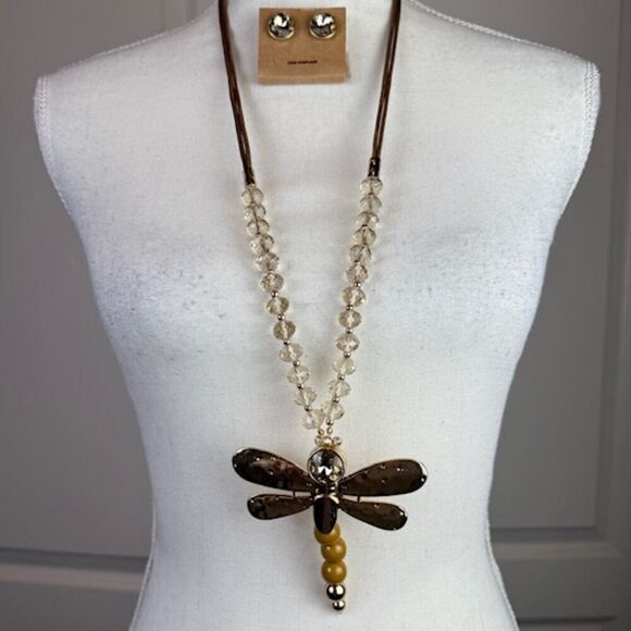 NWT Dragonfly Statement Necklace and Earrings Set Gold Tone Beads Crystals - Picture 1 of 12